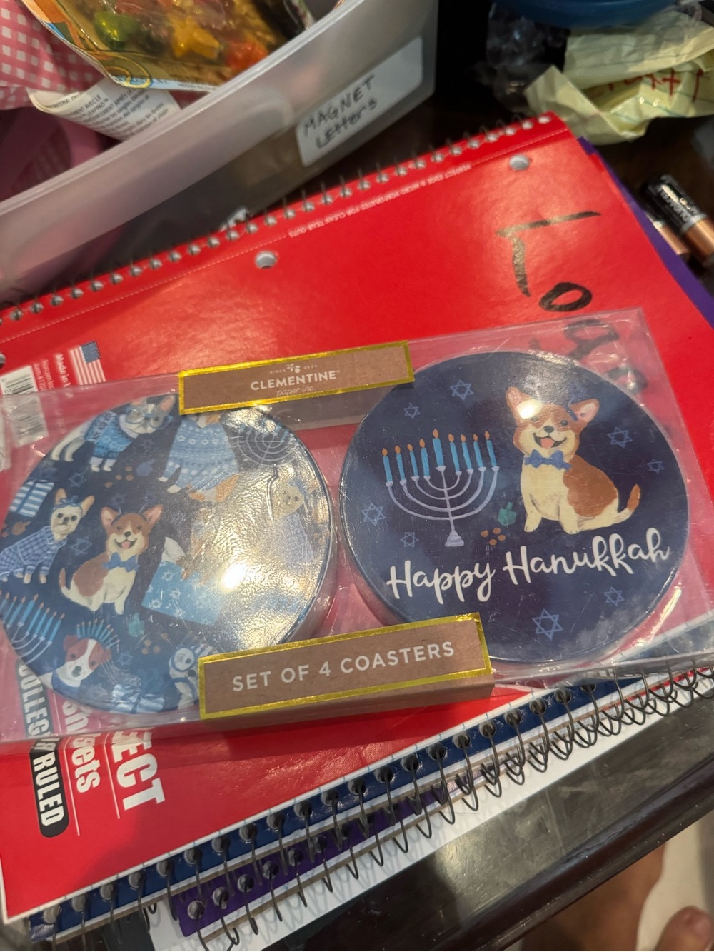 Clementine Happy Hanukkah Corgi Coaster Set - Blue
